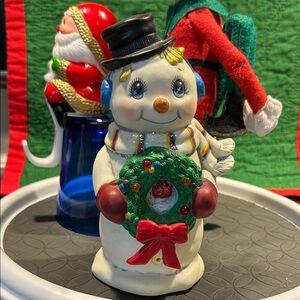 Festive Vintage Hard Plastic Snowman Figurine with Wreath Musical